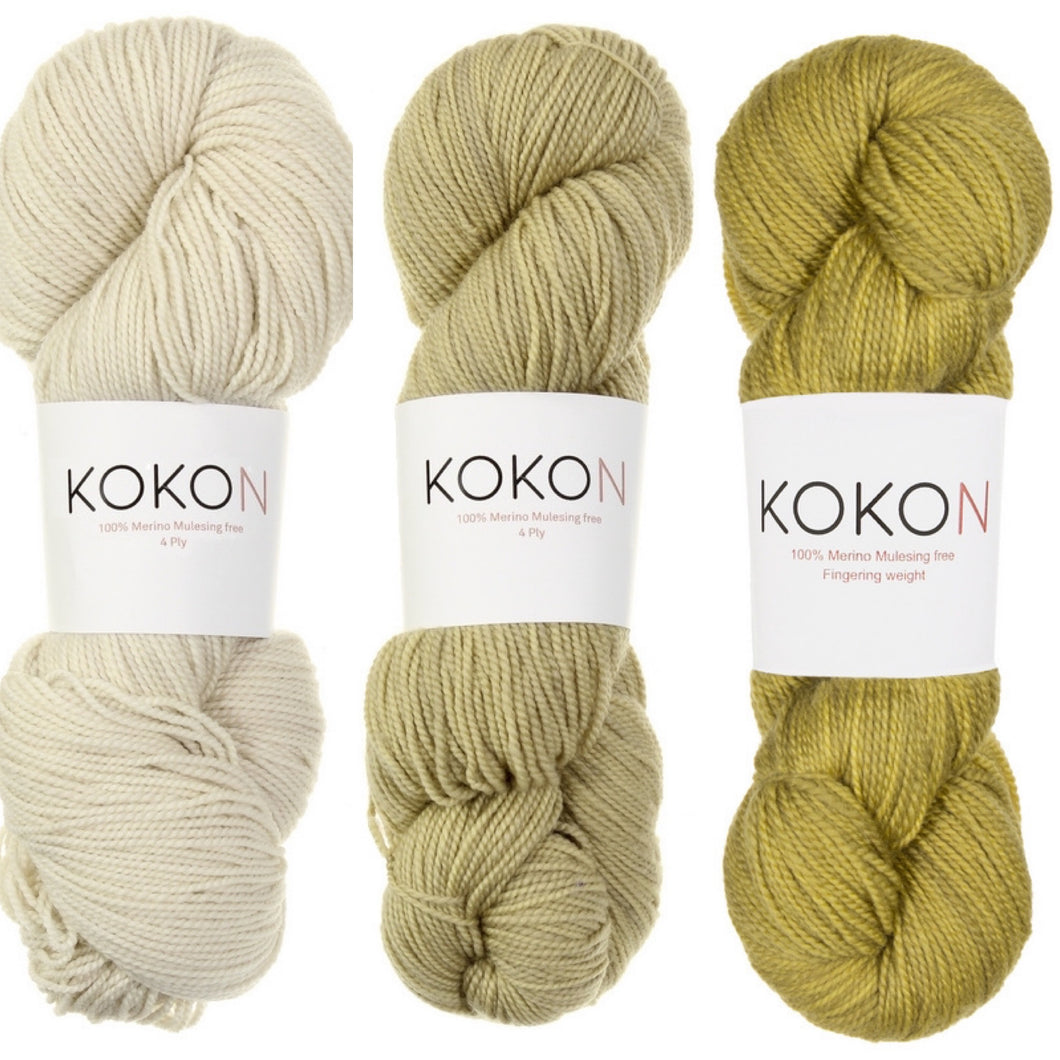 Flakes by Eri Yarn Kit Sizes L, XL, & 2XL - Fog, Steppe & Cress