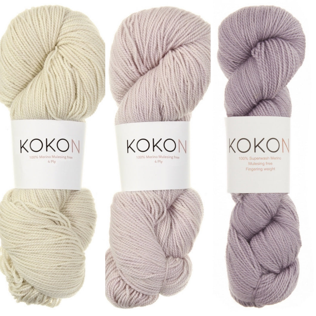 Flakes by Eri Yarn Kit Sizes L, XL, & 2XL - Fog, Daybreak & Mineral V