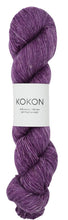 A Dark Purple, the colours name is Byzantium, 100g skein of KOKON Yarn Merino Linen on a white background