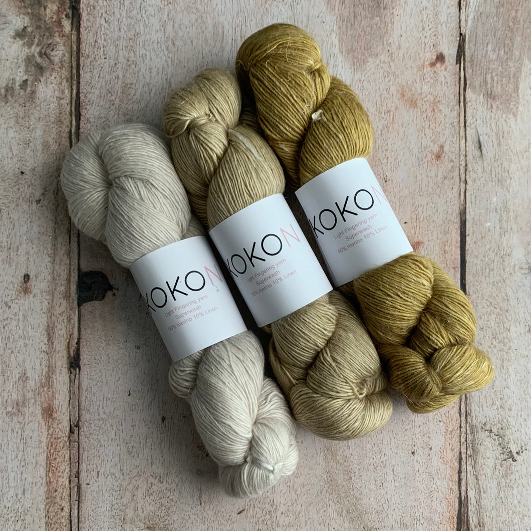 Kigi Pullover Yarn Kit - Sizes 1, 2 & 3 - Fog, Steppe & Cress