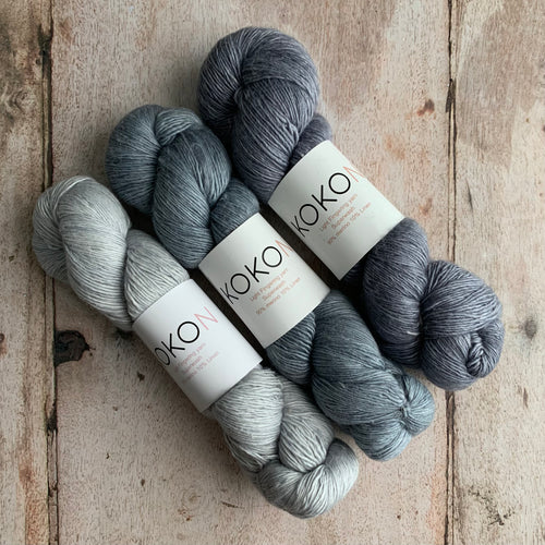 Kigi Pullover Yarn Kit - Sizes 1, 2 & 3 - Dew, Oxidized & Licorice
